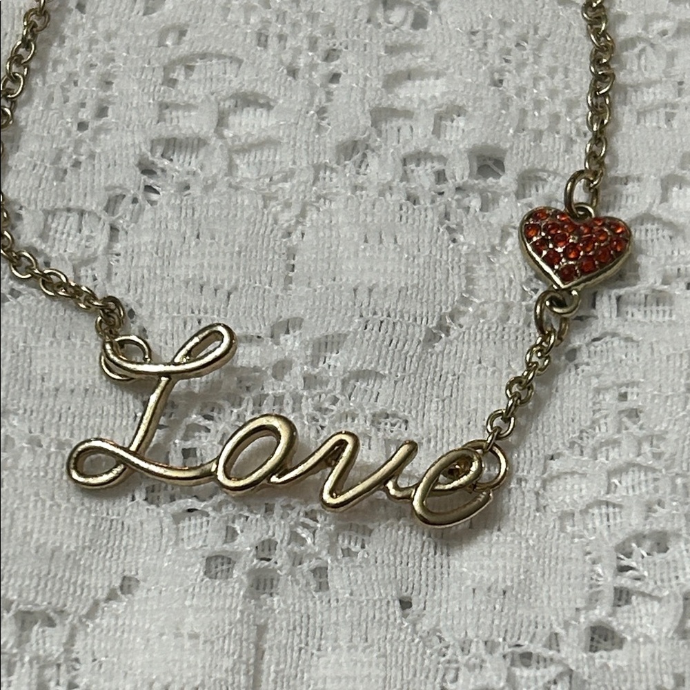 Gold Love Necklace with Red Heart Pendant Set